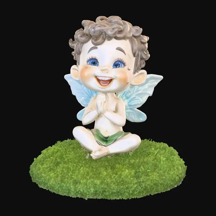 3D model for Ceramic figurine of a Chibi child like snowdrop fairy. Perfect facial features with well formed arms, hands, legs, & feet. Well defined wings. Fairy is sitting on a round patch of grass. Beautiful full wide smile laughing uncontrollably. Twinkling large blue eyes. Wild thick Curly hair