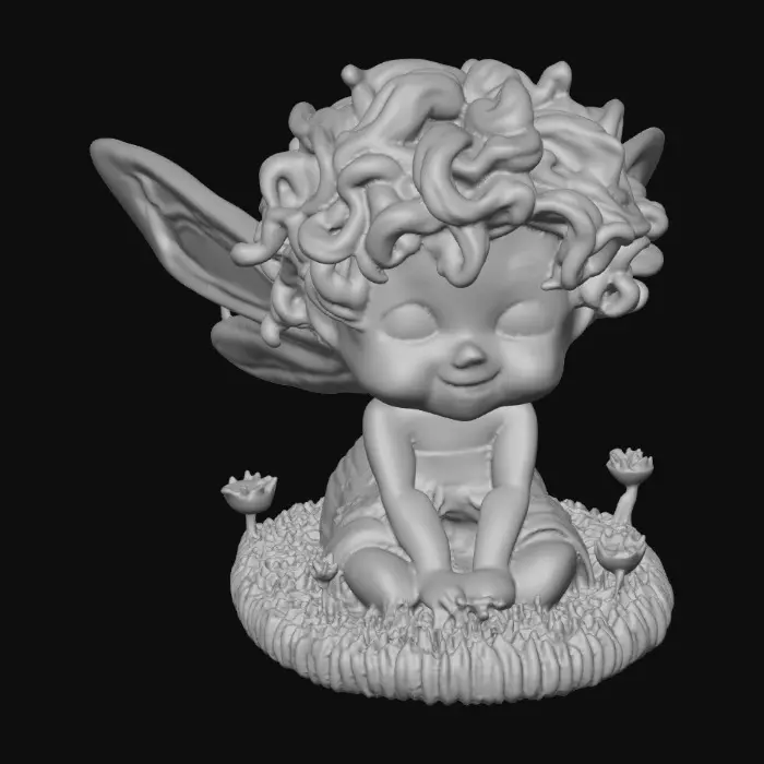 3D model for Ceramic figurine of a Chibi child like snowdrop fairy. Perfect facial features with well formed arms, hands, legs, & feet. Well defined wings. Fairy is sitting on a round patch of grass. Beautiful full wide smile laughing uncontrollably. Twinkling large blue eyes. Wild thick Curly hair