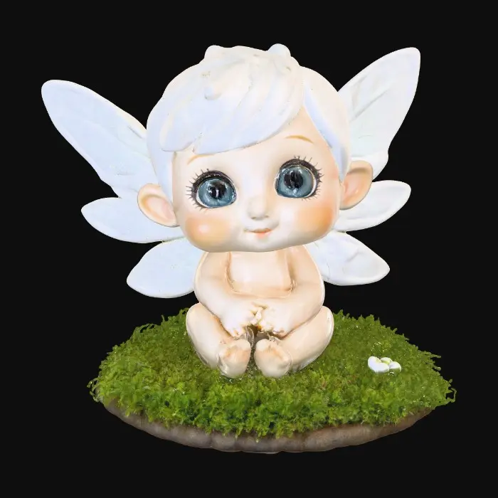 3D model for Ceramic figurine of a Chibi child like snowdrop fairy. Perfect facial features with well formed arms, hands, legs, & feet. Well defined wings. Fairy is sitting on a round patch of grass.