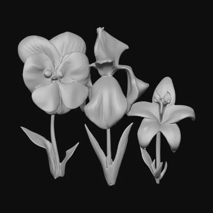 3D model for A trio of talking flowers (pansy, iris, and lily) alice in wonderland stylized cartoonish talking flowers in full color