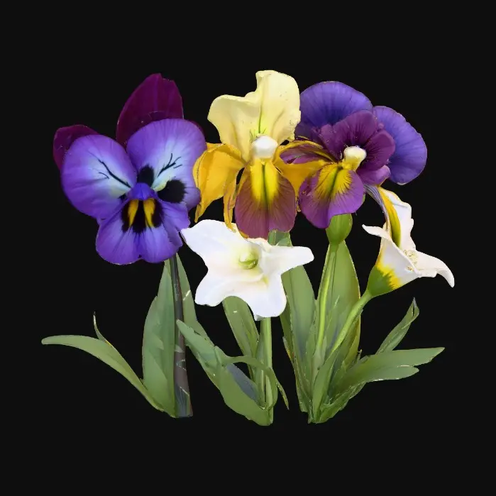 3D model for A trio of talking flowers (pansy, iris, and lily) alice in wonderland stylized cartoonish talking flowers in full color
