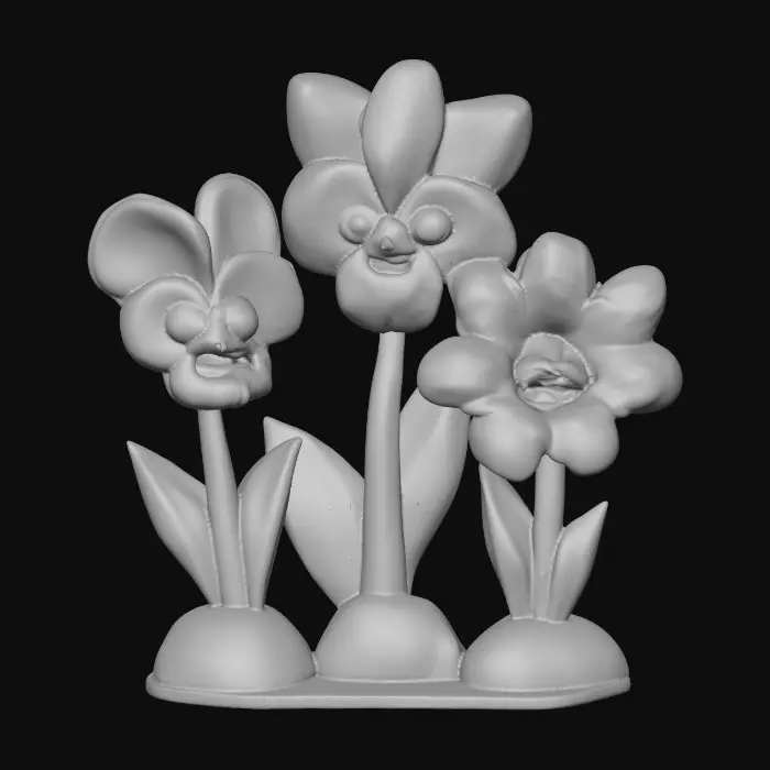 3D model for A trio of talking flowers (pansy, iris, and lily) alice in wonderland stylized cartoonish talking flowers in full color