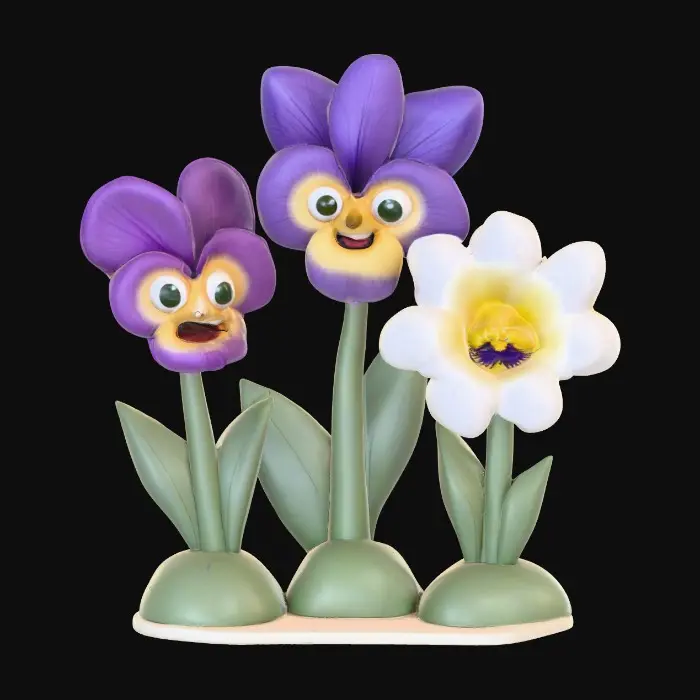 3D model for A trio of talking flowers (pansy, iris, and lily) alice in wonderland stylized cartoonish talking flowers in full color