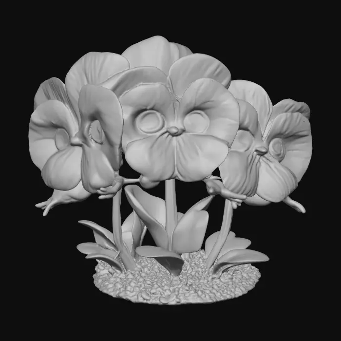 3D model for A trio of talking chibi flowers (pansies) alice in wonderland stylized cartoonish talking flowers in full color