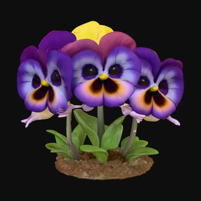 3D model for A trio of talking chibi flowers (pansies) alice in wonderland stylized cartoonish talking flowers in full color