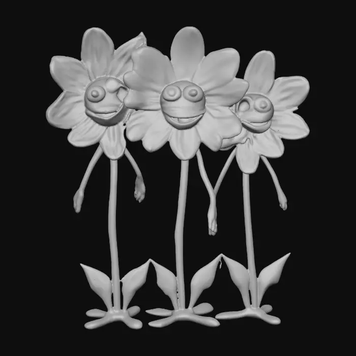3D model for A whimsical fairytale creation of three 3d anthropomorphic talking flowers with exaggerated, cartoonish features, reminiscent of an Alice in Wonderland aesthetic. They possess expressive eyes and mouths, with vibrant, oversized petals and stems that serve as limbs. The style is a playful, highly stylized illustration, evoking the enchanting and slightly bizarre world of classic fairytale art, with influences from the detailed linework and imaginative compositions of Arthur Rackham and the vibrant, whimsical designs of Mary Blair