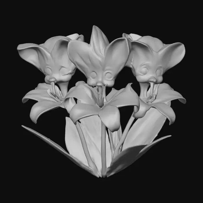 3D model for A whimsical fantasy a trio of talking chibi flowers (tiger lilies) alice in wonderland stylized cartoonish  flowers in full color.