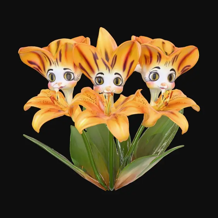 3D model for A whimsical fantasy a trio of talking chibi flowers (tiger lilies) alice in wonderland stylized cartoonish  flowers in full color.