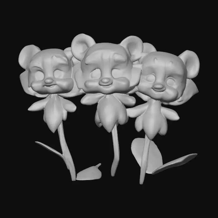3D model for A whimsical fantasy a trio of talking chibi flowers (tiger lilies) alice in wonderland stylized cartoonish  flowers in full color.
