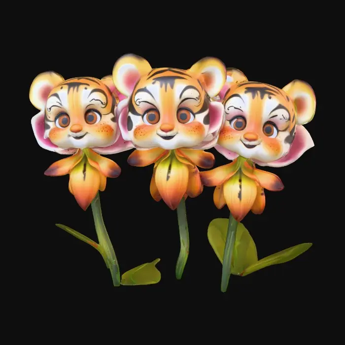 3D model for A whimsical fantasy a trio of talking chibi flowers (tiger lilies) alice in wonderland stylized cartoonish  flowers in full color.