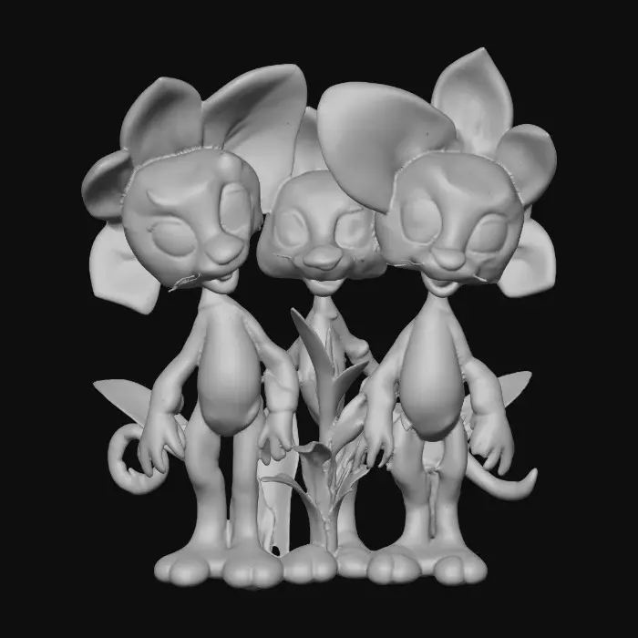 3D model for A whimsical fantasy a trio of talking chibi flowers (tiger lilies) alice in wonderland stylized cartoonish  flowers in full color.