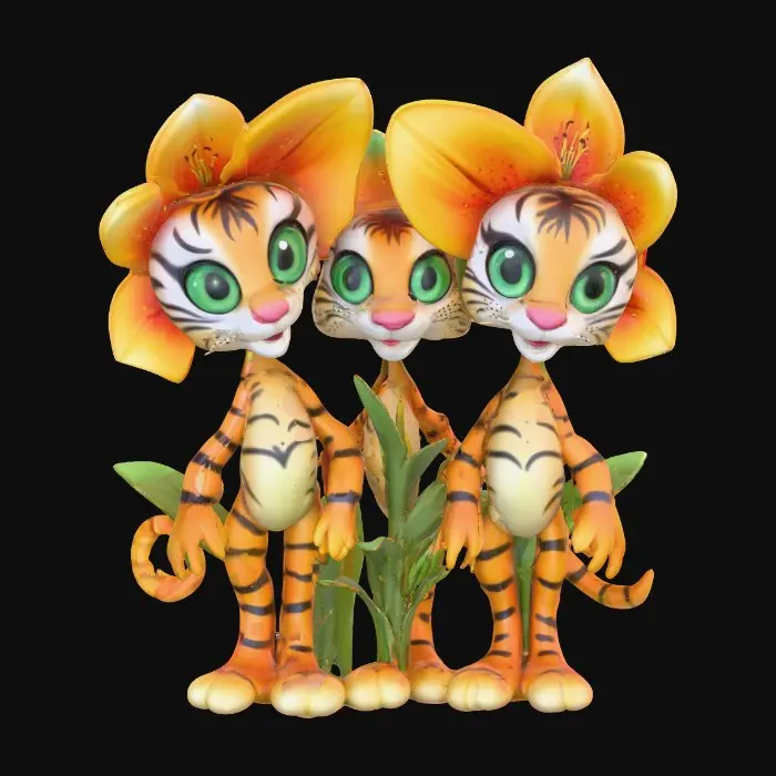 3D model for A whimsical fantasy a trio of talking chibi flowers (tiger lilies) alice in wonderland stylized cartoonish  flowers in full color.
