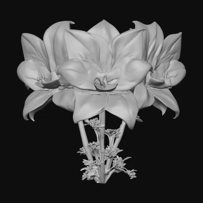3D model for A whimsical fantasy a trio of talking chibi flowers (tiger lilies) alice in wonderland stylized cartoonish  flowers in full color.