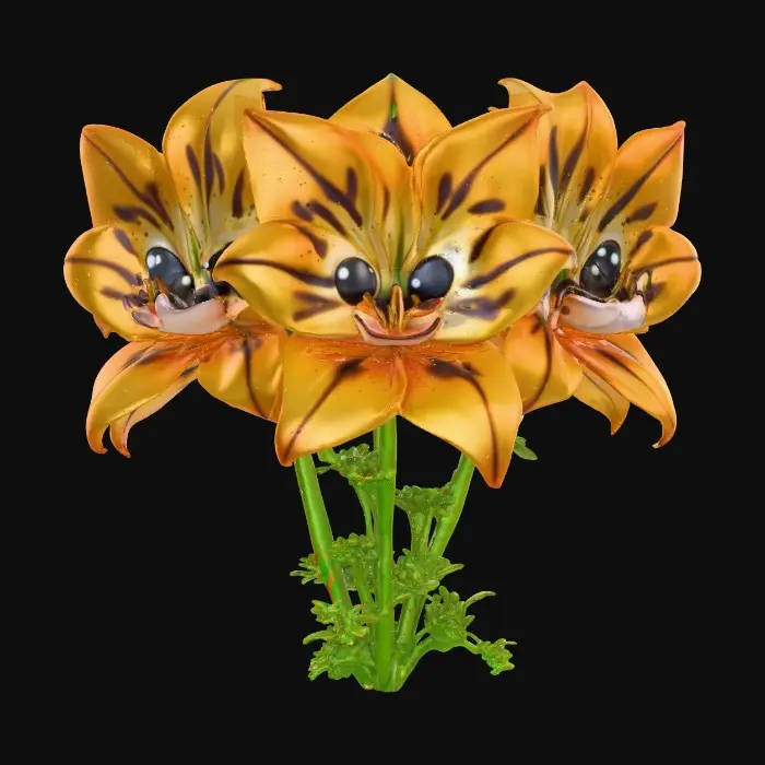 3D model for A whimsical fantasy a trio of talking chibi flowers (tiger lilies) alice in wonderland stylized cartoonish  flowers in full color.