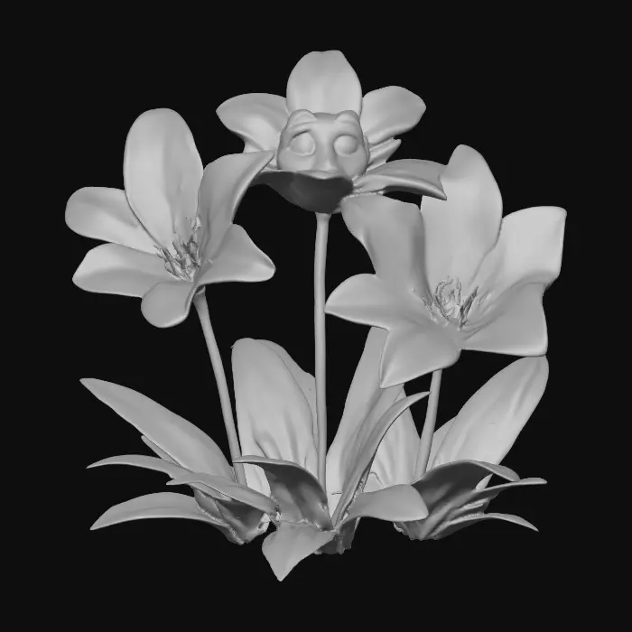 3D model for A whimsical fantasy a trio of talking chibi flowers (tiger lilies) alice in wonderland stylized cartoonish  flowers in full color.