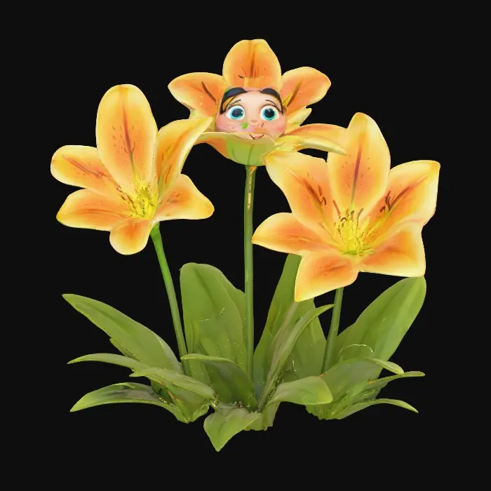 3D model for A whimsical fantasy a trio of talking chibi flowers (tiger lilies) alice in wonderland stylized cartoonish  flowers in full color.