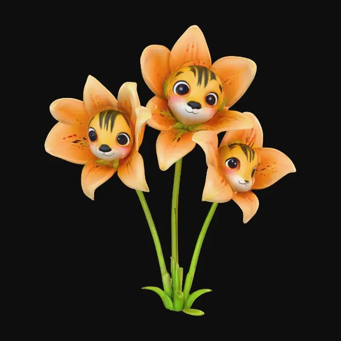 3D model for A whimsical fantasy a trio of talking chibi flowers (tiger lilies) alice in wonderland stylized cartoonish  flowers in full color.