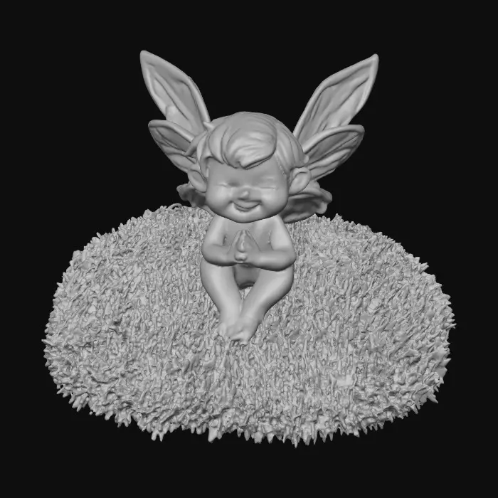3D model for Ceramic figurine of a Chibi child like snowdrop fairy. Perfect facial features with well formed arms, hands, legs, & feet. Well defined wings. Fairy is sitting on a round patch of grass.