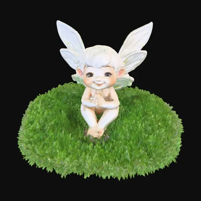 3D model for Ceramic figurine of a Chibi child like snowdrop fairy. Perfect facial features with well formed arms, hands, legs, & feet. Well defined wings. Fairy is sitting on a round patch of grass.