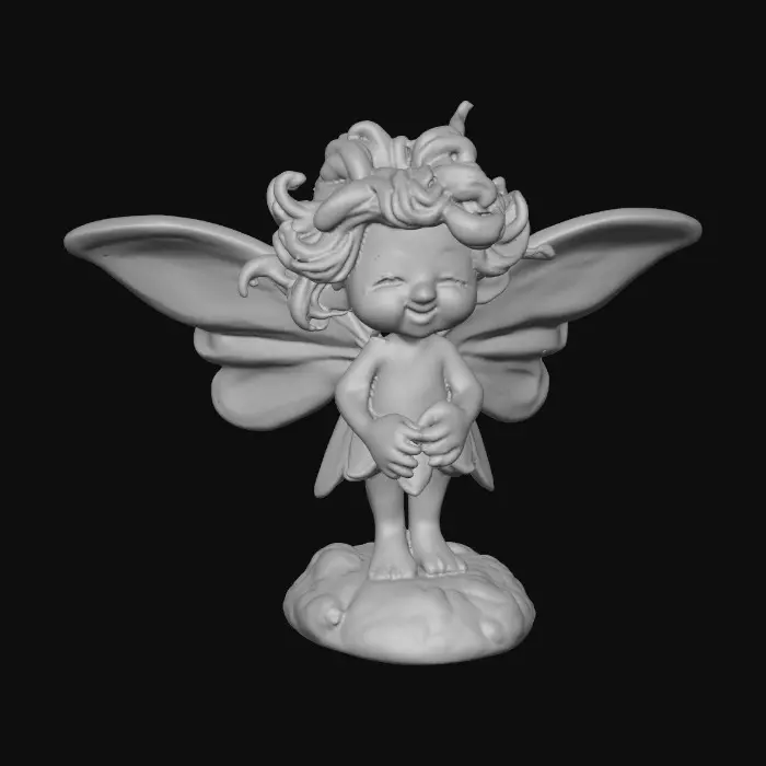 3D model for Ceramic figurine of a snowdrop fairy. Perfect facial features with well formed arms, hands, legs, & feet. Well defined wings. Fairy is sitting on a round rocky base. Beautiful full wide smile laughing uncontrollably. Twinkling large colored eyes. Wild thick Curly hair. Shades of green, white, and lavender