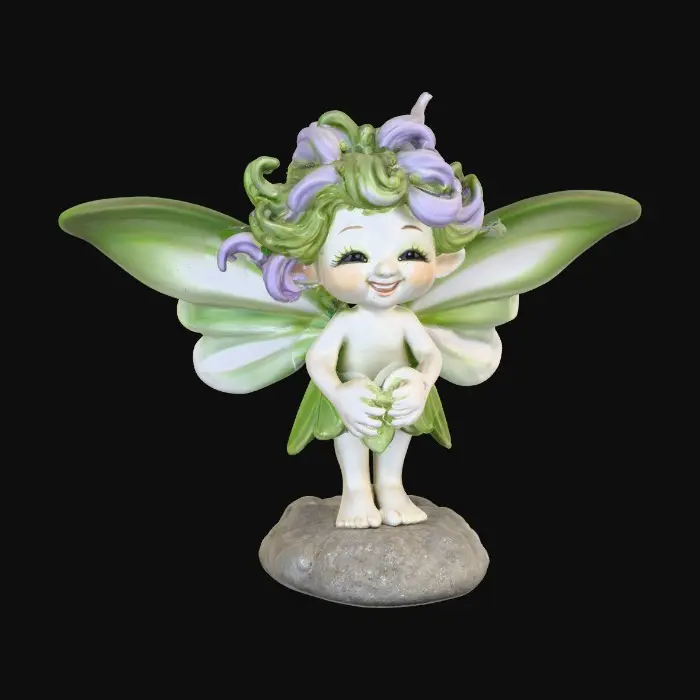 3D model for Ceramic figurine of a snowdrop fairy. Perfect facial features with well formed arms, hands, legs, & feet. Well defined wings. Fairy is sitting on a round rocky base. Beautiful full wide smile laughing uncontrollably. Twinkling large colored eyes. Wild thick Curly hair. Shades of green, white, and lavender
