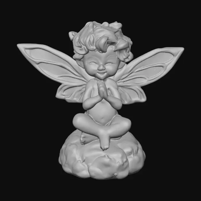 3D model for Ceramic figurine of a snowdrop fairy. Perfect facial features with well formed arms, hands, legs, & feet. Well defined wings. Fairy is sitting on a round rocky base. Beautiful full wide smile laughing uncontrollably. Twinkling large colored eyes. Wild thick Curly hair. Shades of green, white, and lavender
