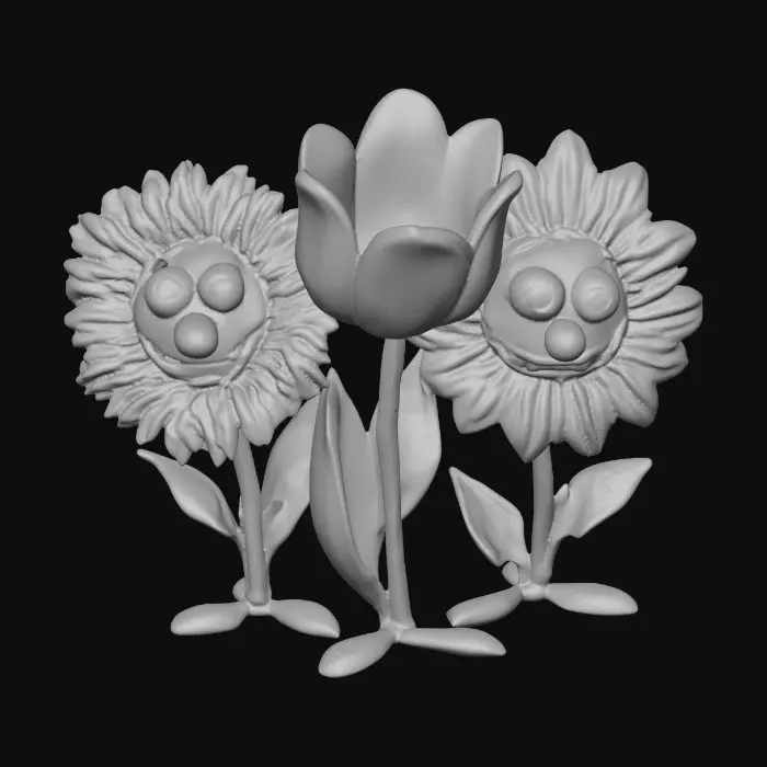 3D model for A trio of talking flowers alice in wonderland stylized cartoonish talking flowers in full color
