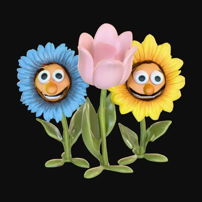 3D model for A trio of talking flowers alice in wonderland stylized cartoonish talking flowers in full color