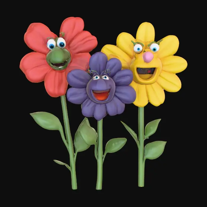 3D model for A trio of talking flowers alice in wonderland stylized cartoonish talking flowers in full color