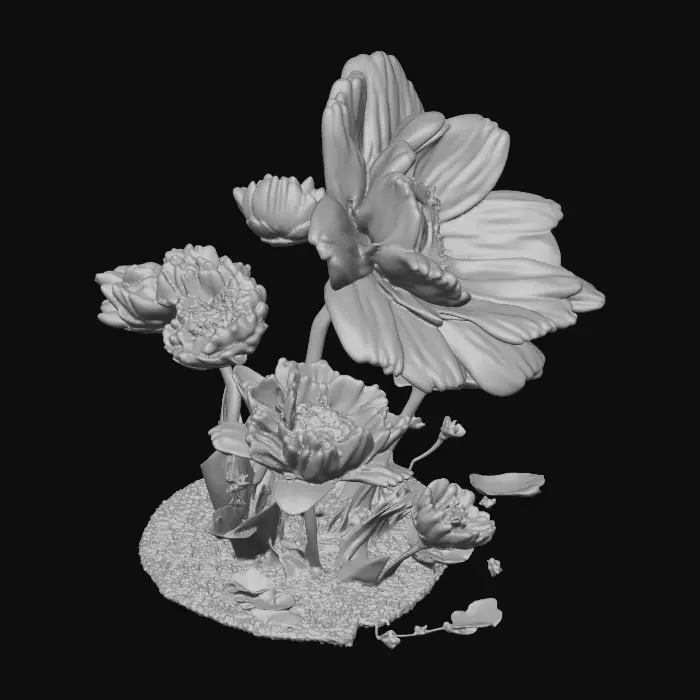 3D model for A whimsical fairytale creation 3d anthropomorphic talking flowers with exaggerated, cartoonish features, reminiscent of an Alice in Wonderland aesthetic. They possess expressive eyes and mouths, with vibrant, oversized petals and stems that serve as limbs. 
The style is a playful, highly stylized illustration, evoking the enchanting and slightly bizarre world of classic fairytale art, with influences from the detailed linework and imaginative compositions of Arthur Rackham and the vibrant, whimsical designs of Mary Blair. Suitable for 3d printed models