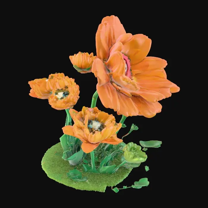 3D model for A whimsical fairytale creation 3d anthropomorphic talking flowers with exaggerated, cartoonish features, reminiscent of an Alice in Wonderland aesthetic. They possess expressive eyes and mouths, with vibrant, oversized petals and stems that serve as limbs. 
The style is a playful, highly stylized illustration, evoking the enchanting and slightly bizarre world of classic fairytale art, with influences from the detailed linework and imaginative compositions of Arthur Rackham and the vibrant, whimsical designs of Mary Blair. Suitable for 3d printed models