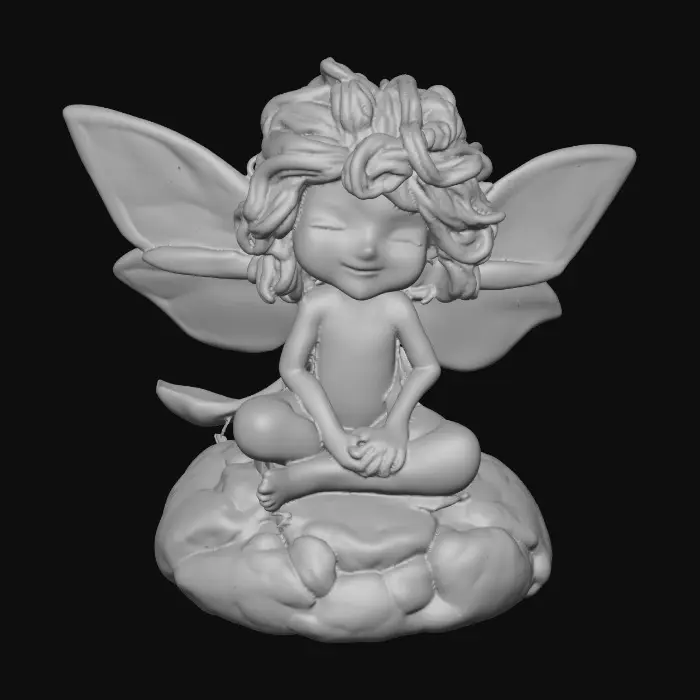 3D model for Ceramic figurine of a snowdrop fairy. Perfect facial features with well formed arms, hands, legs, & feet. Well defined wings. Fairy is sitting on a round rocky base. Beautiful full wide smile laughing uncontrollably. Twinkling large colored eyes. Wild thick Curly hair. Shades of green, white, and lavender