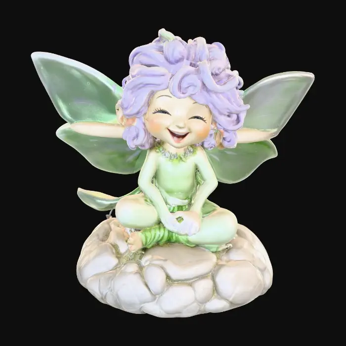 3D model for Ceramic figurine of a snowdrop fairy. Perfect facial features with well formed arms, hands, legs, & feet. Well defined wings. Fairy is sitting on a round rocky base. Beautiful full wide smile laughing uncontrollably. Twinkling large colored eyes. Wild thick Curly hair. Shades of green, white, and lavender