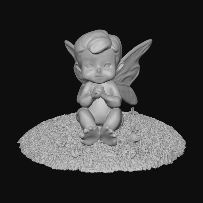 3D model for Ceramic figurine of a Chibi child like snowdrop fairy. Perfect facial features with well formed arms, hands, legs, & feet. Well defined wings. Fairy is sitting on a round patch of grass.