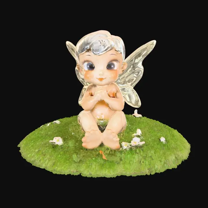 3D model for Ceramic figurine of a Chibi child like snowdrop fairy. Perfect facial features with well formed arms, hands, legs, & feet. Well defined wings. Fairy is sitting on a round patch of grass.
