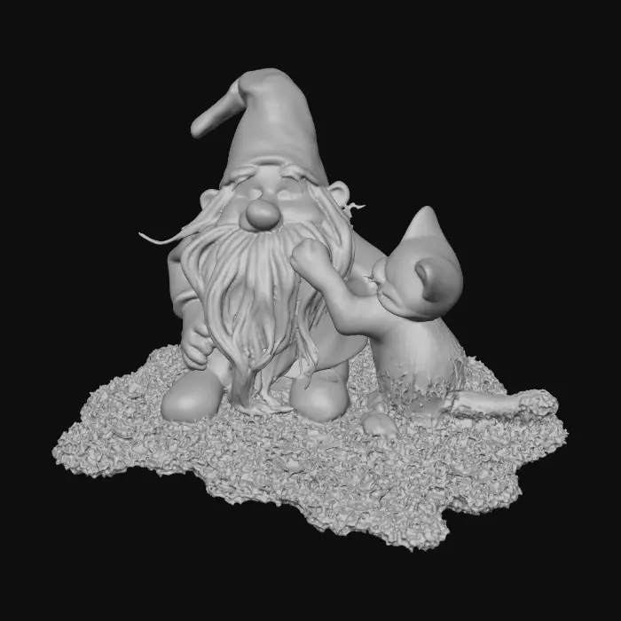 3D model for Hyper-realistic adorable laughing gnome and an adorable long-whiskered kitten that is playfully tugging at a strand of the gnome's long beard. They are positioned on a small, round grassy base adorned with delicate daisy-like flowers, evoking a scene of pure, joyful fun