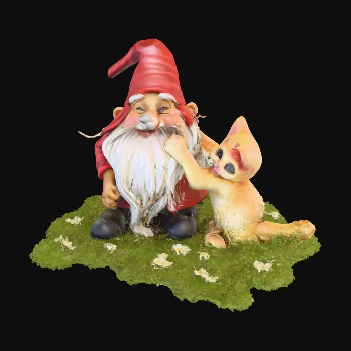 3D model for Hyper-realistic adorable laughing gnome and an adorable long-whiskered kitten that is playfully tugging at a strand of the gnome's long beard. They are positioned on a small, round grassy base adorned with delicate daisy-like flowers, evoking a scene of pure, joyful fun