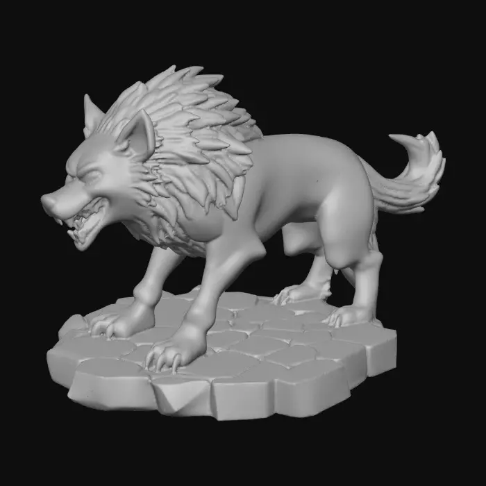 3D model for majestic dire wolf. The figurine is sculpted with sharp, clean lines and vibrant, saturated colors. The dire wolf has powerful musculature and a slight snarling face, its fur textured with subtle detail, standing on a round rocky base. Presented in a bold, graphic 3D cartoon style, evoking the polished aesthetic of modern figurine art, moody atmosphere with a seamless, pure white background and studio lighting to emphasize the sculpted forms and dynamic composition
