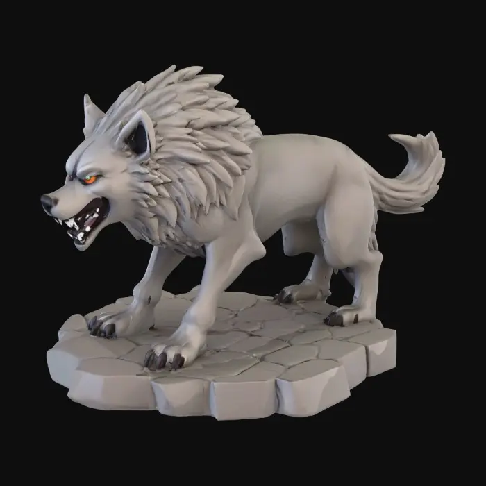 3D model for majestic dire wolf. The figurine is sculpted with sharp, clean lines and vibrant, saturated colors. The dire wolf has powerful musculature and a slight snarling face, its fur textured with subtle detail, standing on a round rocky base. Presented in a bold, graphic 3D cartoon style, evoking the polished aesthetic of modern figurine art, moody atmosphere with a seamless, pure white background and studio lighting to emphasize the sculpted forms and dynamic composition