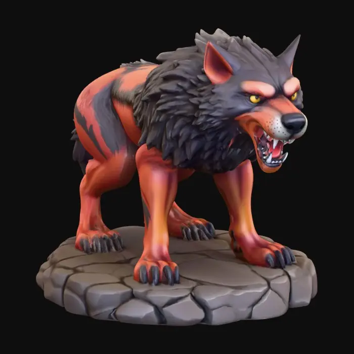 3D model for majestic dire wolf. The figurine is sculpted with sharp, clean lines and vibrant, saturated colors. The dire wolf has powerful musculature and a slight snarling face, its fur textured with subtle detail, standing on a round rocky base. Presented in a bold, graphic 3D cartoon style, evoking the polished aesthetic of modern figurine art, moody atmosphere with a seamless, pure white background and studio lighting to emphasize the sculpted forms and dynamic composition