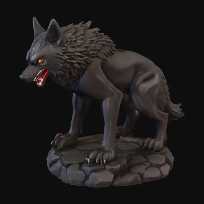 3D model for majestic dire wolf. The figurine is sculpted with sharp, clean lines and vibrant, saturated colors. The dire wolf has powerful musculature and a slight snarling face, its fur textured with subtle detail, standing on a round rocky base. Presented in a bold, graphic 3D cartoon style, evoking the polished aesthetic of modern figurine art, moody atmosphere with a seamless, pure white background and studio lighting to emphasize the sculpted forms and dynamic composition