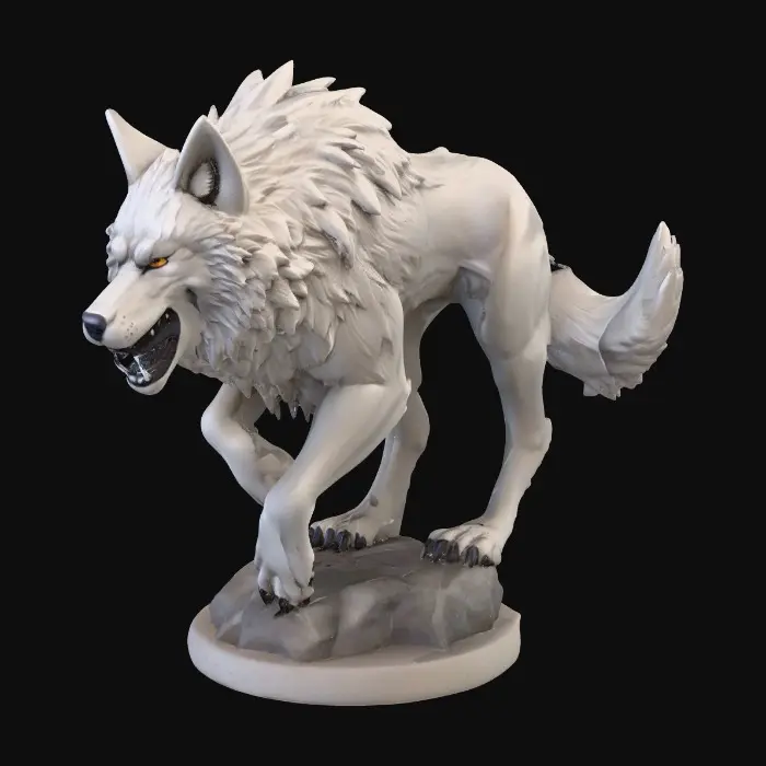 3D model for majestic dire wolf. The figurine is sculpted with sharp, clean lines and vibrant, saturated colors. The dire wolf has powerful musculature and a slight snarling face, its fur textured with subtle detail, standing on a round rocky base. Presented in a bold, graphic 3D cartoon style, evoking the polished aesthetic of modern figurine art, moody atmosphere with a seamless, pure white background and studio lighting to emphasize the sculpted forms and dynamic composition