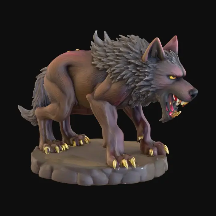 3D model for majestic dire wolf. The figurine is sculpted with sharp, clean lines and vibrant, saturated colors. The dire wolf has powerful musculature and a slight snarling face, its fur textured with subtle detail, standing on a round rocky base. Presented in a bold, graphic 3D cartoon style, evoking the polished aesthetic of modern figurine art, moody atmosphere with a seamless, pure white background and studio lighting to emphasize the sculpted forms and dynamic composition