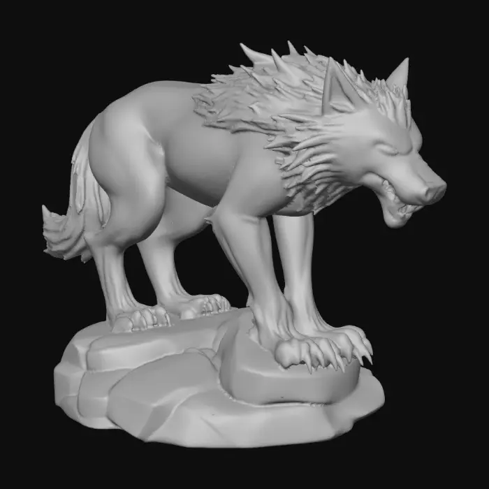 3D model for majestic dire wolf. The figurine is sculpted with sharp, clean lines and vibrant, saturated colors. The dire wolf has powerful musculature and a slight snarling face, its fur textured with subtle detail, standing on a round rocky base. Presented in a bold, graphic 3D cartoon style, evoking the polished aesthetic of modern figurine art, moody atmosphere with a seamless, pure white background and studio lighting to emphasize the sculpted forms and dynamic composition