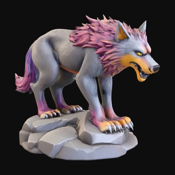 3D model for majestic dire wolf. The figurine is sculpted with sharp, clean lines and vibrant, saturated colors. The dire wolf has powerful musculature and a slight snarling face, its fur textured with subtle detail, standing on a round rocky base. Presented in a bold, graphic 3D cartoon style, evoking the polished aesthetic of modern figurine art, moody atmosphere with a seamless, pure white background and studio lighting to emphasize the sculpted forms and dynamic composition
