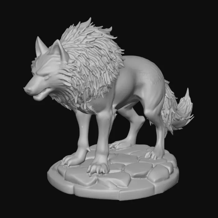 3D model for majestic dire wolf. The figurine is sculpted with sharp, clean lines and vibrant, saturated colors. The dire wolf has powerful musculature and a slight snarling face, its fur textured with subtle detail, standing on a round rocky base. Presented in a bold, graphic 3D cartoon style, evoking the polished aesthetic of modern figurine art, moody atmosphere with a seamless, pure white background and studio lighting to emphasize the sculpted forms and dynamic composition