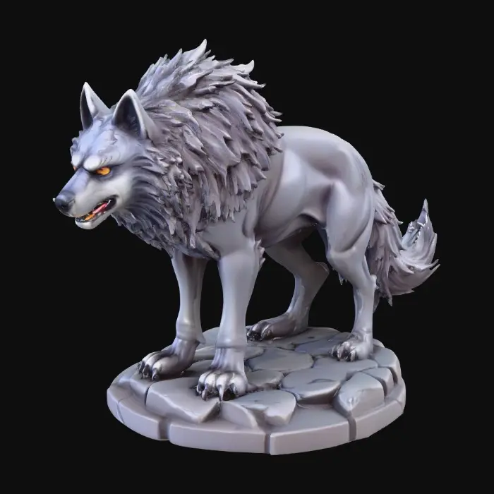 3D model for majestic dire wolf. The figurine is sculpted with sharp, clean lines and vibrant, saturated colors. The dire wolf has powerful musculature and a slight snarling face, its fur textured with subtle detail, standing on a round rocky base. Presented in a bold, graphic 3D cartoon style, evoking the polished aesthetic of modern figurine art, moody atmosphere with a seamless, pure white background and studio lighting to emphasize the sculpted forms and dynamic composition
