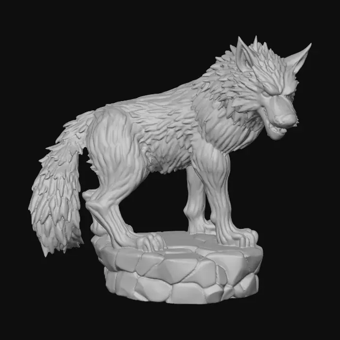 3D model for majestic dire wolf. The figurine is sculpted with sharp, clean lines and vibrant, saturated colors. The dire wolf has powerful musculature and a slight snarling face, its fur textured with subtle detail, standing on a round rocky base. Presented in a bold, graphic 3D cartoon style, evoking the polished aesthetic of modern figurine art, moody atmosphere with a seamless, pure white background and studio lighting to emphasize the sculpted forms and dynamic composition
