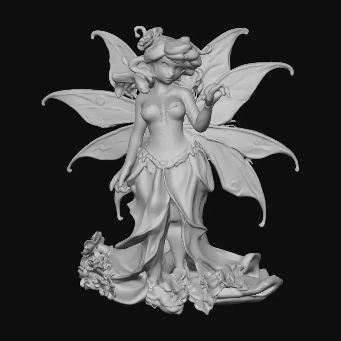 3D model for A porcelain figurine, on a plain crisp white background in the center is a plump, sultry sexy dancing fairy, wearing ribboned ballet shoes, with long luscious curly purple colored hair in the punk rock style, her wings are made from thick etched porcelain. her hands are beautifully manicured, her blouse resembles a Victorian corset of purple violet velvet, while the skirt is a thin clear porcelain translucent skirt, overlaying the skirt are thin porcelain cascading flowers and leaves