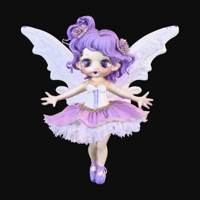 3D model for A porcelain figurine, on a plain crisp white background in the center is a plump, sultry sexy dancing fairy, wearing ribboned ballet shoes, with long luscious curly purple colored hair in the punk rock style, her wings are made from thick etched porcelain. her hands are beautifully manicured, her blouse resembles a Victorian corset of purple violet velvet, while the skirt is a thin clear porcelain translucent skirt, overlaying the skirt are thin porcelain cascading flowers and leaves